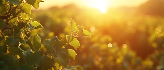 Farm field basking in golden sunlight with lush green leaves, showcasing a stunning rural landscape at sunset