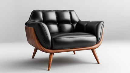 Black soft leather armchair with wooden legs. Realistic 3d vector illustration of gentle fabric sofa furniture element. Classic comfort living room interior object. Comfortable bedroom chair mockup.