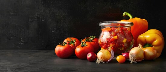A glass saucepan containing red tomato vegetable sauce rests on a black background alongside red and orange tomatoes as well as onions in yellow husks with copyspace available