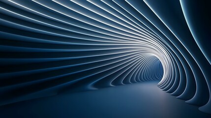 The image shows an abstract rendering of a swirling, tunnel-like structure composed of numerous curved, parallel panels in shades of dark blue, illuminated from within to create a sense of depth and