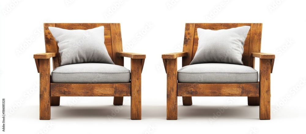 Poster Wooden chairs with cushions set against a white background. with copy space image. Place for adding text or design
