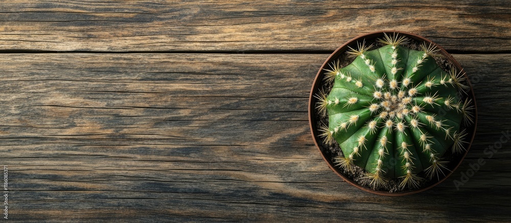 Poster green cactus on a wooden background from above with copy space