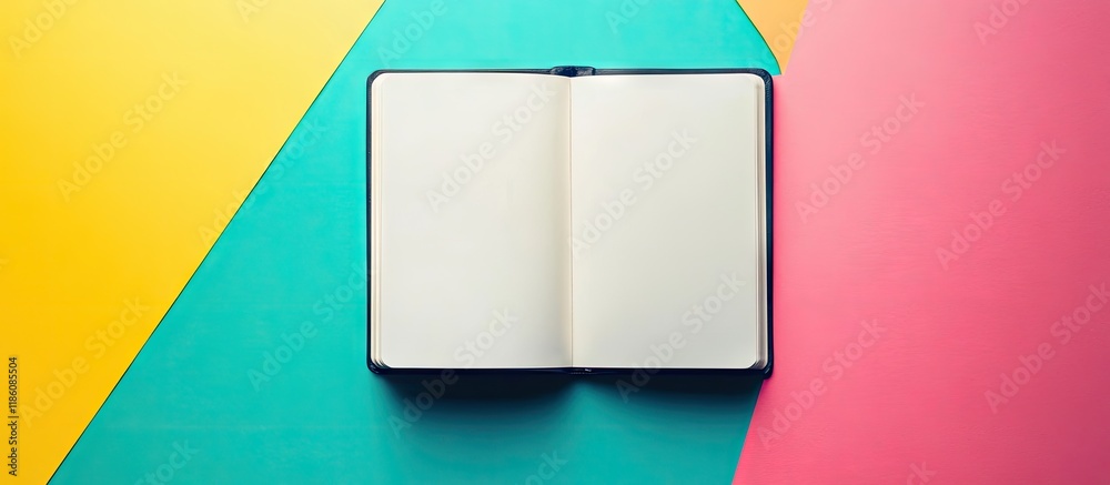Poster Sketchbook on a vibrant background Copy space Top view of a blank open notebook representing education or a new workspace