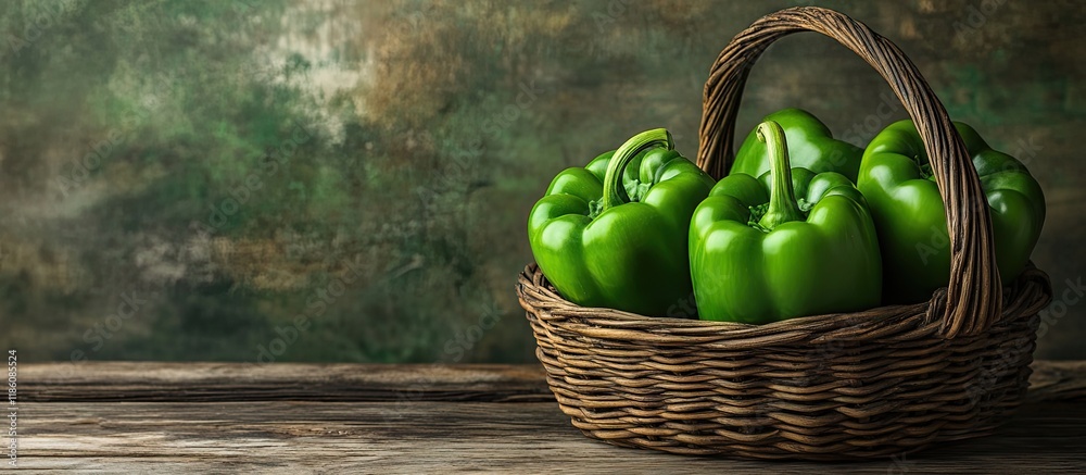 Leinwandbilder green peppers in a wicker basket on a wooden surface vintage style. with copy space image. place for