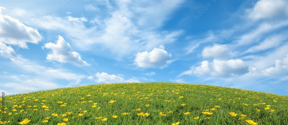 Wall mural yellow flowers on a hill beneath a blue cloudy sky. with copy space image. place for adding text or 