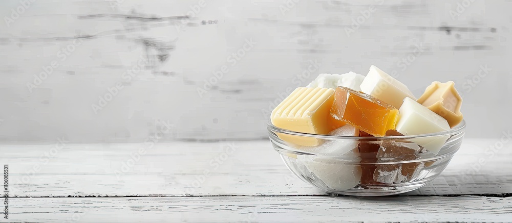 Aufkleber soaps and cosmetic cream in a glass bowl on a white wooden table. with copy space image. place for a