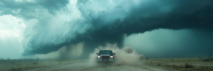 Fototapeta premium Tornado alley with a storm chaser's vehicle under a dramatic funnel cloud