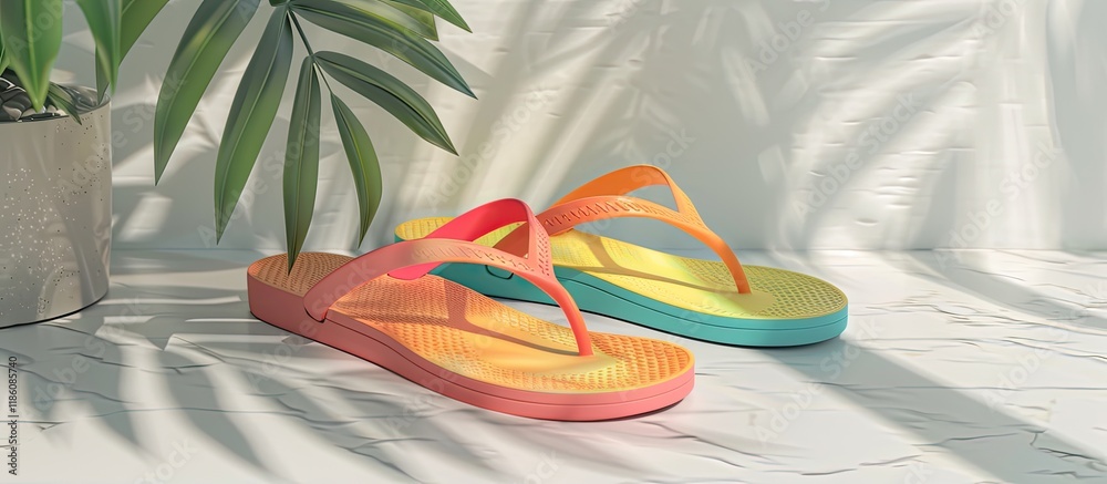 Poster Colored beach flip flops on a white surface. with copy space image. Place for adding text or design