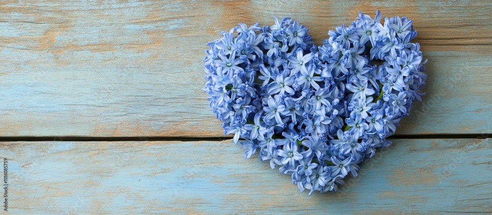 Aufkleber Heart shaped from hyacinth flowers on a rustic wooden backdrop. with copy space image. Place for adding text or design