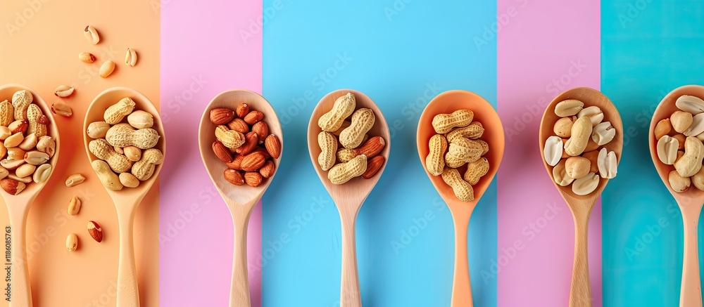 Leinwandbilder Spoons filled with delicious peanuts on a colorful background. with copy space image. Place for adding text or design