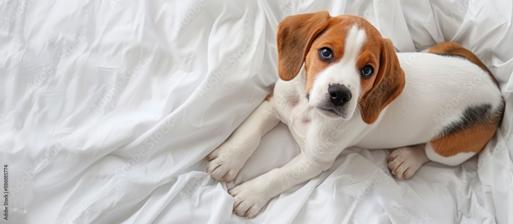 Poster Adorable Beagle puppy resting in bed top view Cute pet. with copy space image. Place for adding text or design