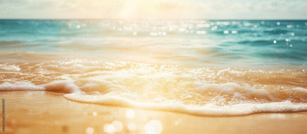 Poster Blurred tropical beach with bokeh sunlight and waves creating an abstract background Copy space for outdoor summer vacation and travel adventure ideas Vintage tone filter effect color style