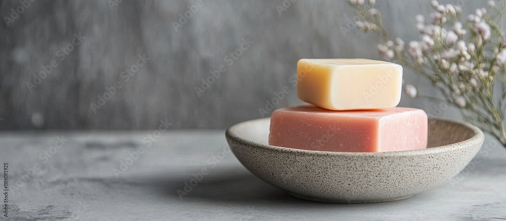 Aufkleber handmade solid shampoo and conditioner bars positioned in a soap dish against a grey background copy
