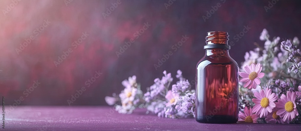 Poster small retro bottle containing essential oil on a desk with flowers and a purple backdrop beauty and 