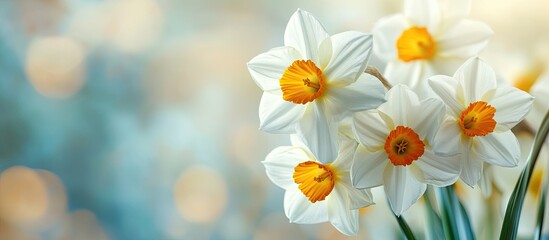Fototapeta premium white daffodils close up. with copy space image. Place for adding text or design