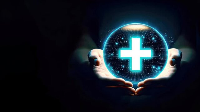 Pair of hands holding an illuminated medical cross inside a sphere symbolizing Employee Provident Fund, EPF account benefits, employee savings, and healthcare security