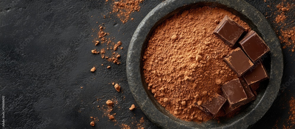 Leinwandbilder cocoa powder truffle chocolate and cinnamon arranged on a stone plate top view. with copy space imag