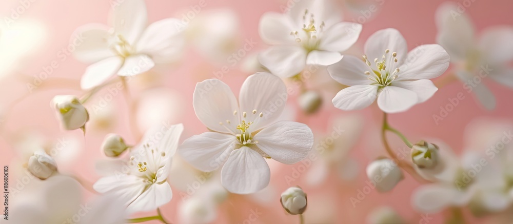 Poster macro world featuring white forest flowers against a pink background in nature blooming natural fore