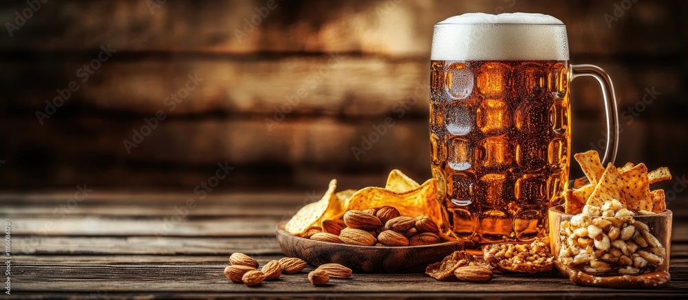 Poster lager beer and snacks placed on a wooden table nuts chips and pretzels. with copy space image. place