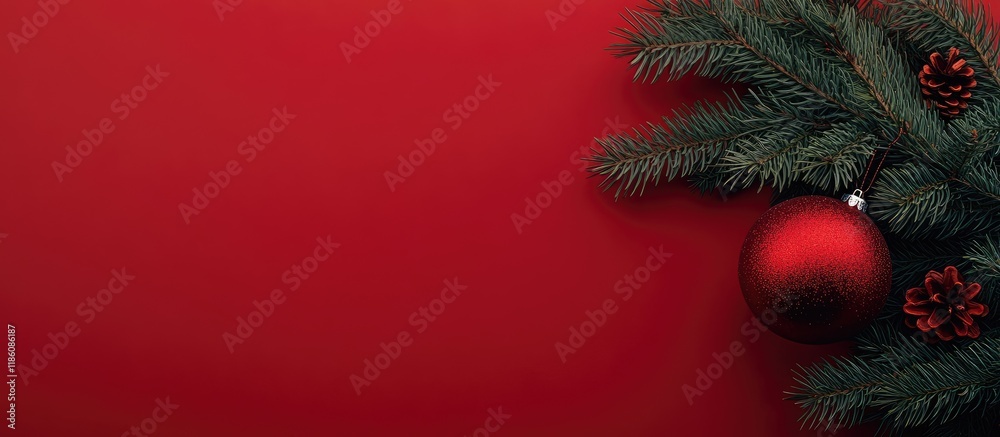 Aufkleber Christmas evergreen branches and a red ball on a red background Top view flat lay Holiday season Template mockup New Year greeting card. with copy space image. Place for adding text or design