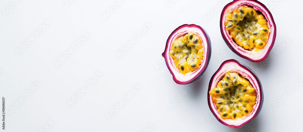 Aufkleber granadilla or passion fruit sliced open with pulp against a white background. with copy space image.