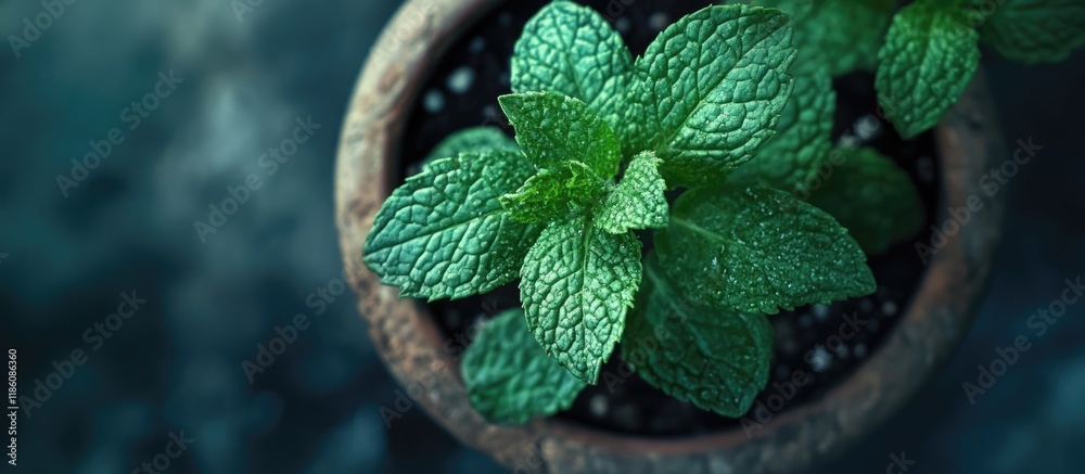 Poster close up photo of a lovely green mint plant leaf in a pot. with copy space image. place for adding t