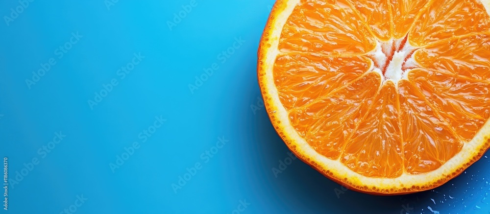 Poster close up of a fresh orange slice on a blue background flat lay copyspace top view