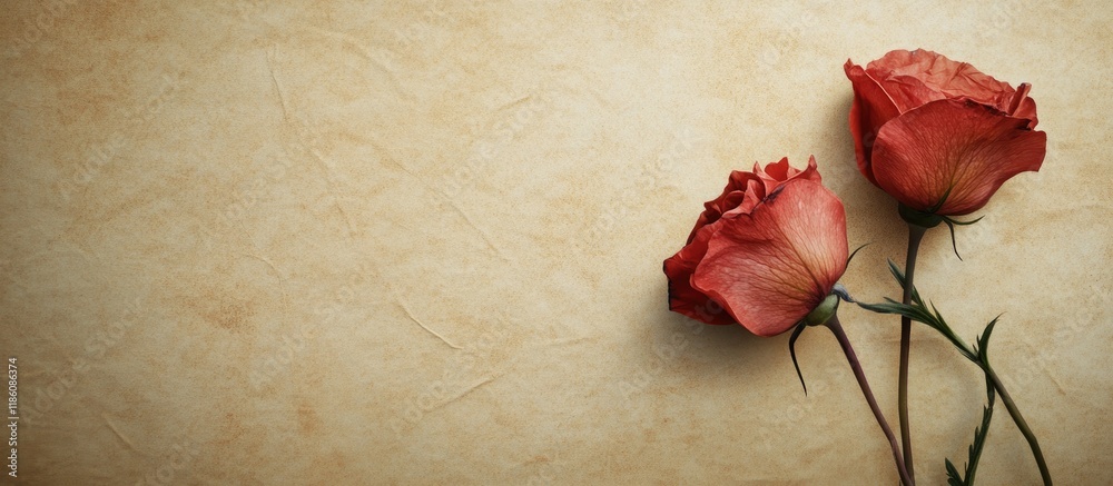Poster Textured vintage paper background featuring two eustoma flowers. with copy space image. Place for adding text or design