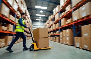 Warehouse worker pushes hand truck loaded with cardboard boxes. Worker moves through busy aisle. Many boxes stack high on shelves. Warehouse interior. Daytime. Industrial setting.
