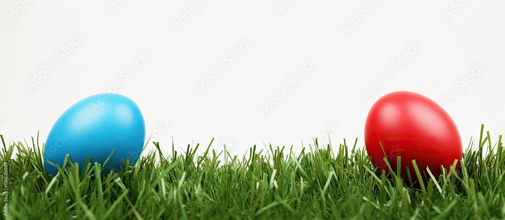 Leinwandbilder Blue and red Easter eggs on artificial green lawn grass with a blank white background. with copy space image. Place for adding text or design