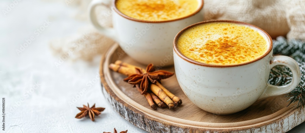 Aufkleber Golden milk with turmeric in two cups on a wooden serving tray Close up on a white table. with copy space image. Place for adding text or design