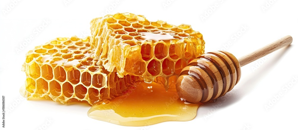 Leinwandbilder honeycomb filled with sweet honey and a wooden honey dipper isolated on white. with copy space image