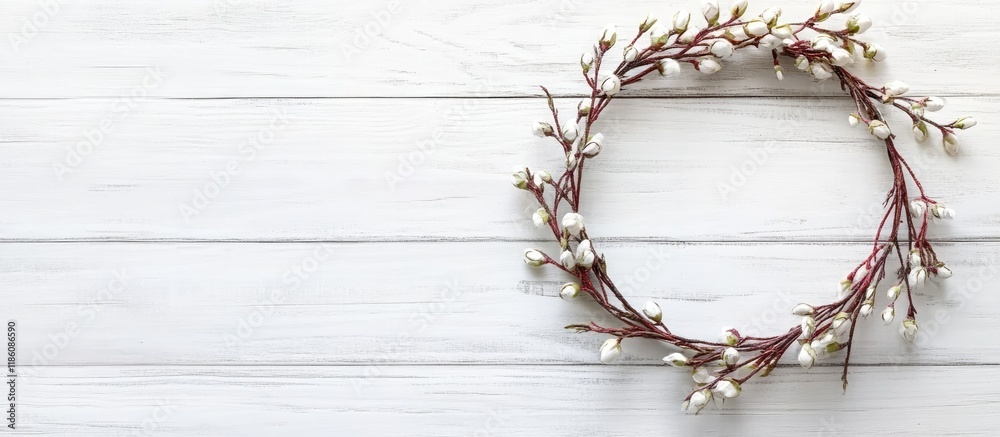 Poster Round frame wreath design with flower buds set against a white wooden background Flat lay top view with copyspace for your text
