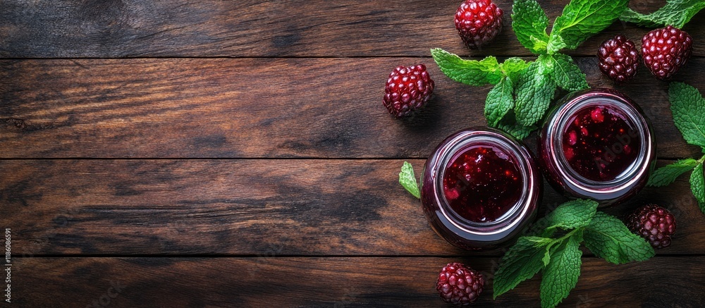Aufkleber Mulberry jam with mint leaves against a wooden background. with copy space image. Place for adding text or design