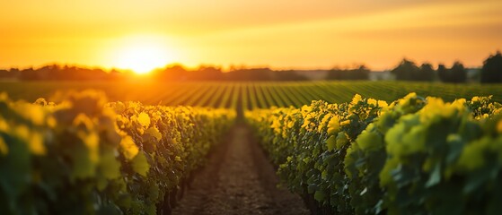 Golden sunset over a farm field with lush green leaves, emphasizing the tranquil rural landscape