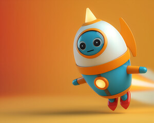 Cute Flying Rocket Robot Illustration on Vibrant Orange Background, Perfect for Children's Content and Technology Themes