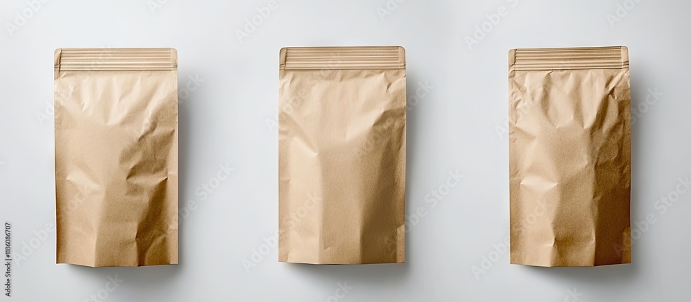 Poster brown paper bag set against a white background. with copy space image. place for adding text or desi