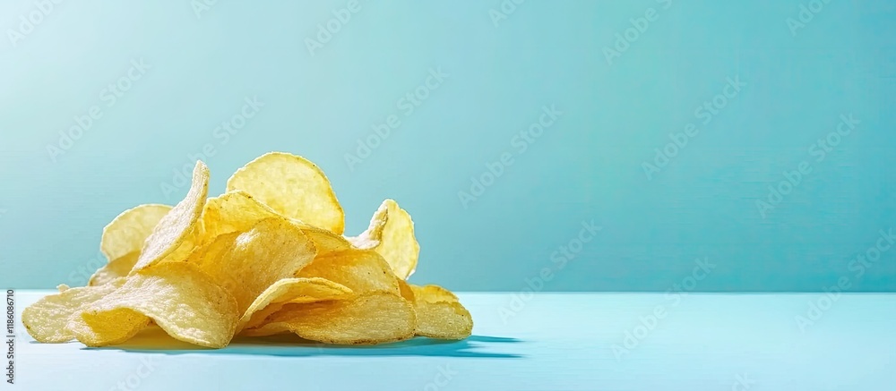 Aufkleber Potato chips on a blue table high in calories referred to as mild drag. with copy space image. Place for adding text or design
