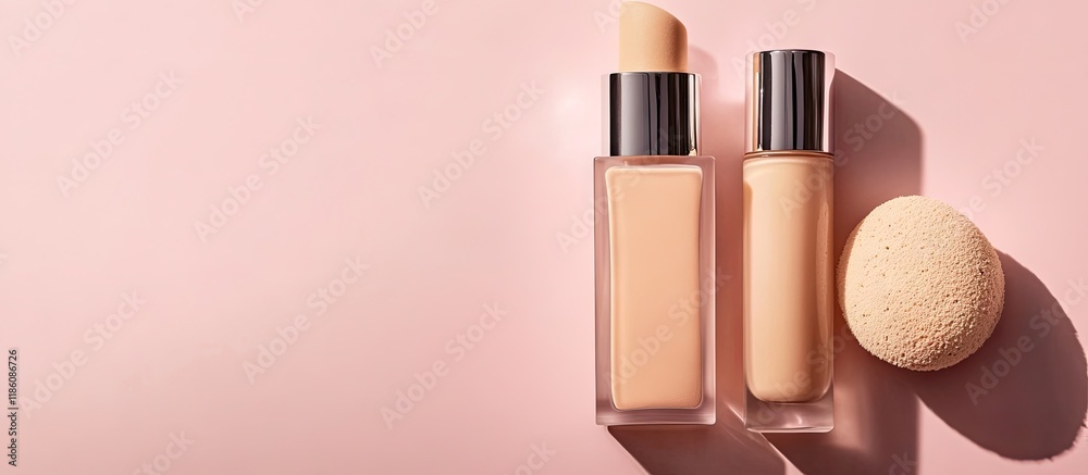 Aufkleber Sponges an elegant tool for applying foundation or powder along with a bottle of foundation Arranged in a flat lay on a pink background with copy space