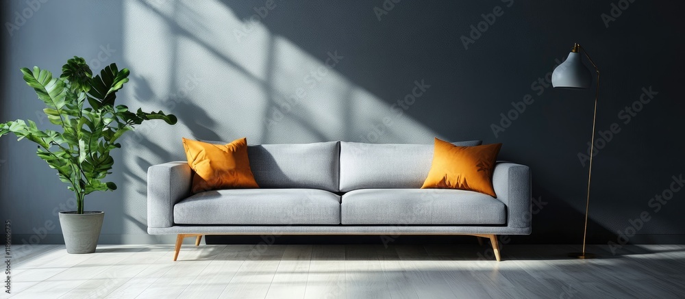 Poster Bright living room featuring a grey sofa and minimalistic decor. with copy space image. Place for adding text or design