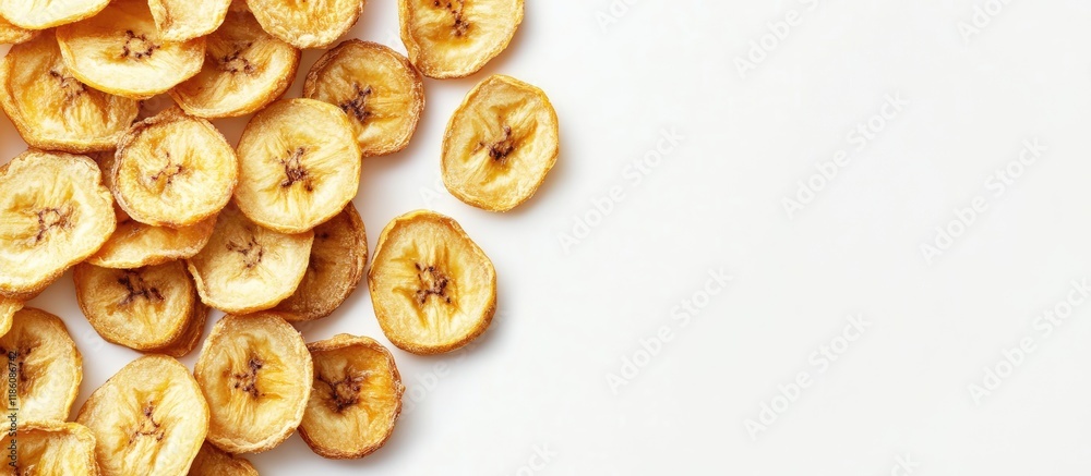 Fototapete dried banana chips on a white background with complete depth of field top view flat lay. with copy s