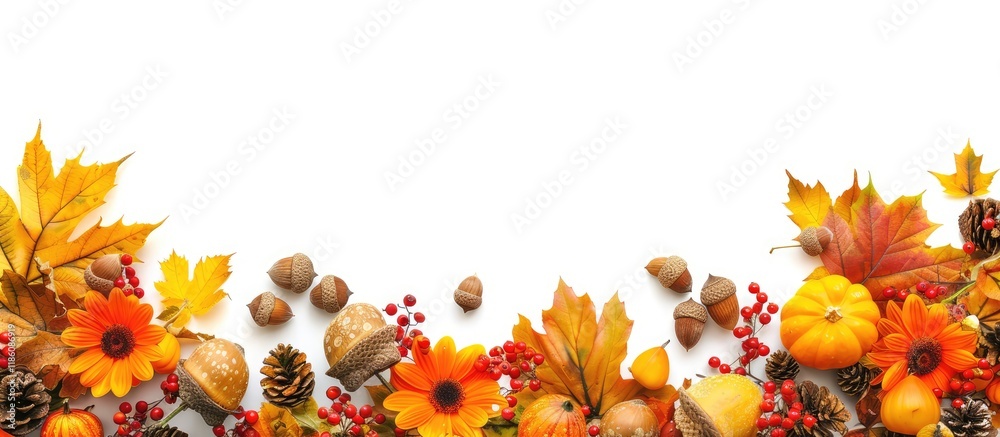 Aufkleber Pumpkin acorns nuts marigold flowers red berries and vibrant autumn maple leaves set against a white background with room for text. with copy space image. Place for adding text or design