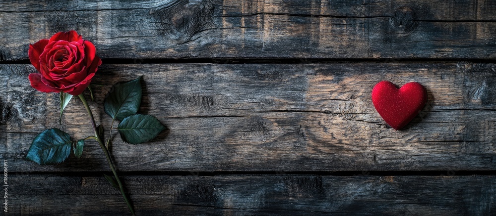 Aufkleber red rose and red heart on a rustic wooden background with copyspace for text