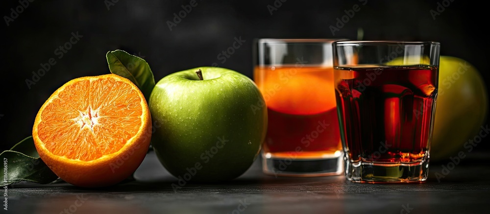 Fototapete ripe apple tangerine and glasses containing alcohol. with copy space image. Place for adding text or design