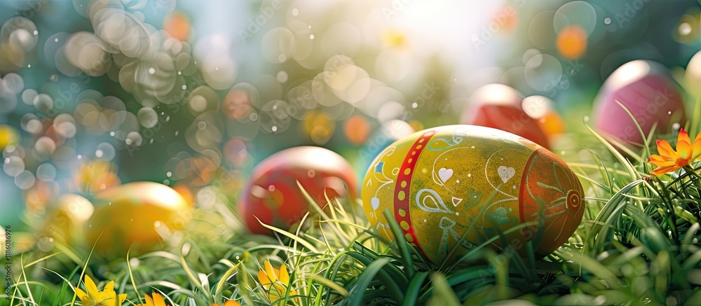 Aufkleber Easter eggs on the grass with a selective focus on the chicken eggs. with copy space image. Place for adding text or design