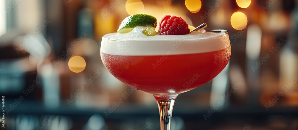 Aufkleber detail of a red cocktail topped with white foam featuring rum raspberry and lime in a martini glass 