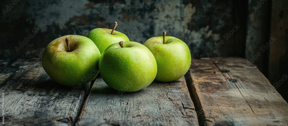 Aufkleber green apples on a weathered wooden surface. with copy space image. Place for adding text or design