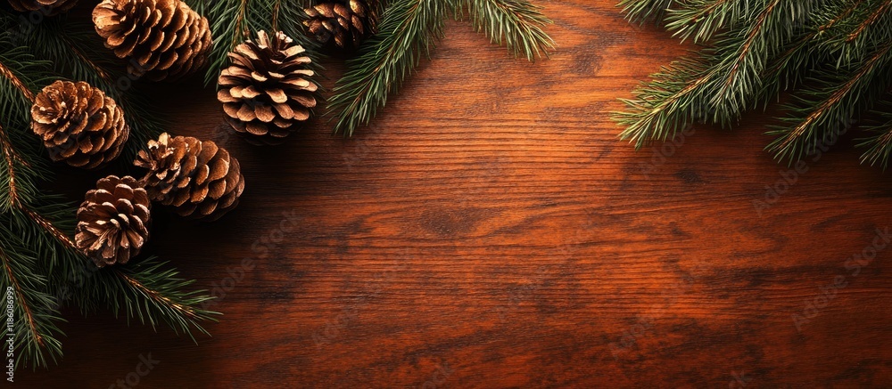 Aufkleber Golden cones and fir tree branches on a brown wooden background Mockup with available space for text Area for greeting text. with copy space image. Place for adding text or design