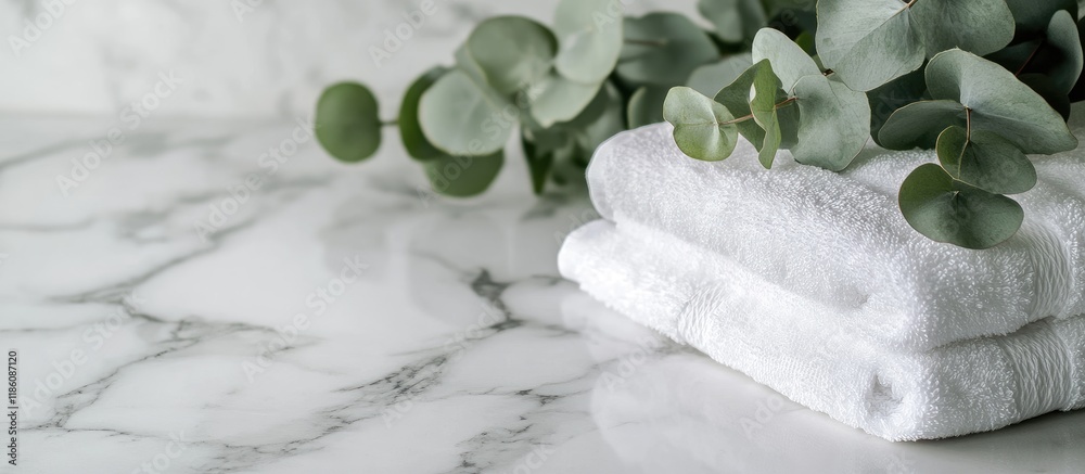 Leinwandbilder Fresh towels and eucalyptus branches on a marble table with a white background Space for text. with copy space image. Place for adding text or design