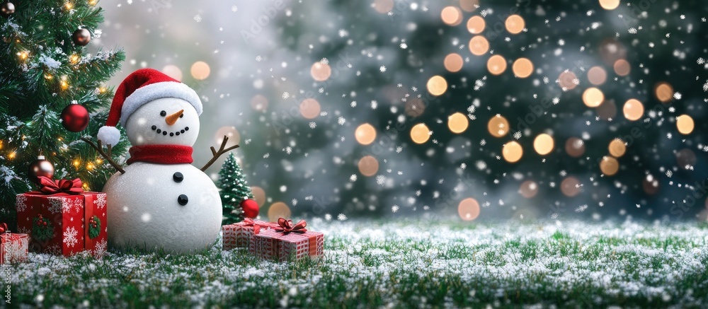Poster snowman on green lawn with a christmas tree santa claus and the snowman set against a christmas tree